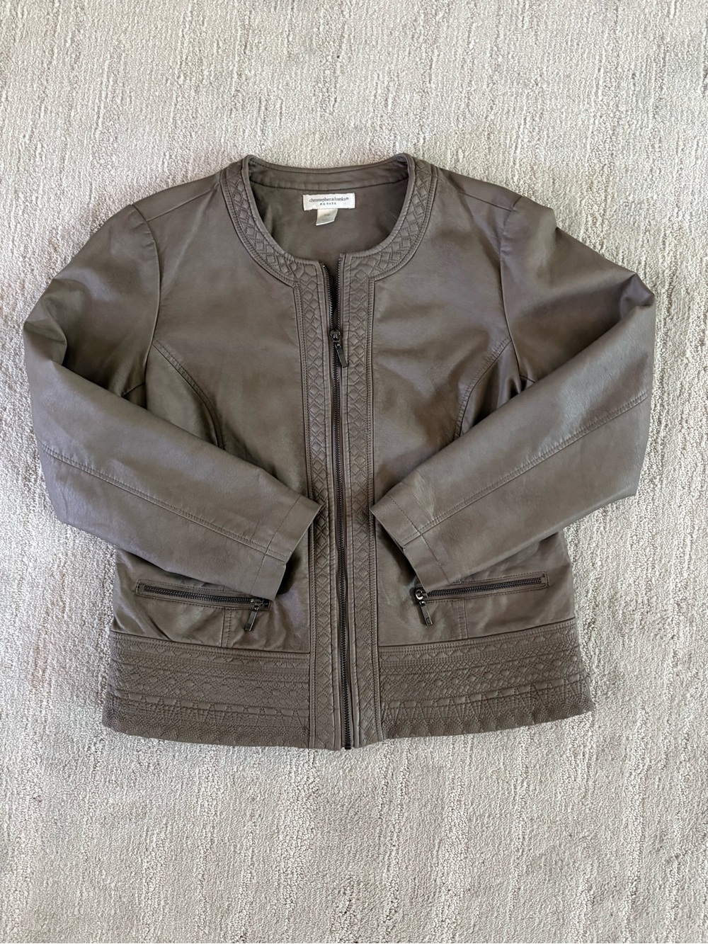 Christopher&Banks Petite Taupe Gray Faux Leather Embroidered Zip Jacket Size PM